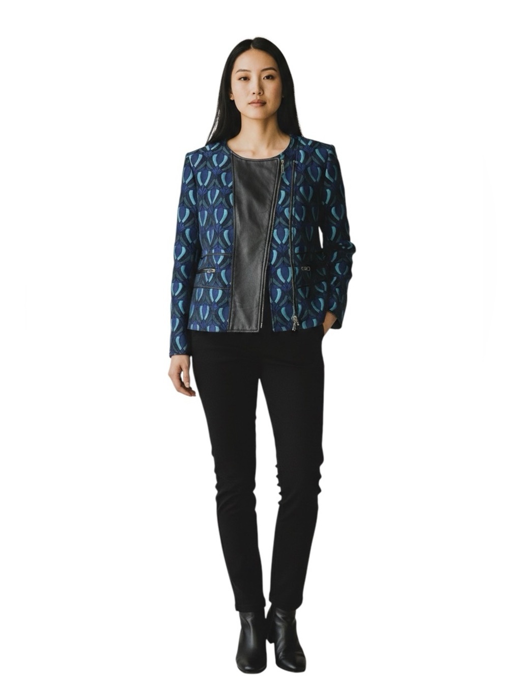 Club Monaco Aubrey Brocade Lambskin Leather Moto Jacket Blue Jacquard Zip